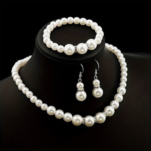 4pc Set Pearl Rhinestone Necklace Earrings Bracelet Drop Dangle Elegant Wedding - Picture 1 of 4